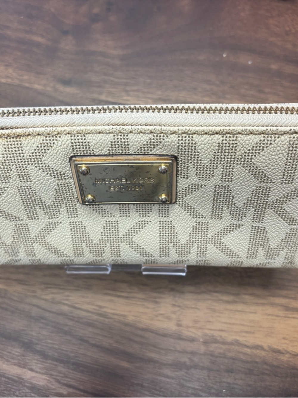 Michael Kors Beige Monogram Zip Clutch with Gold Plate